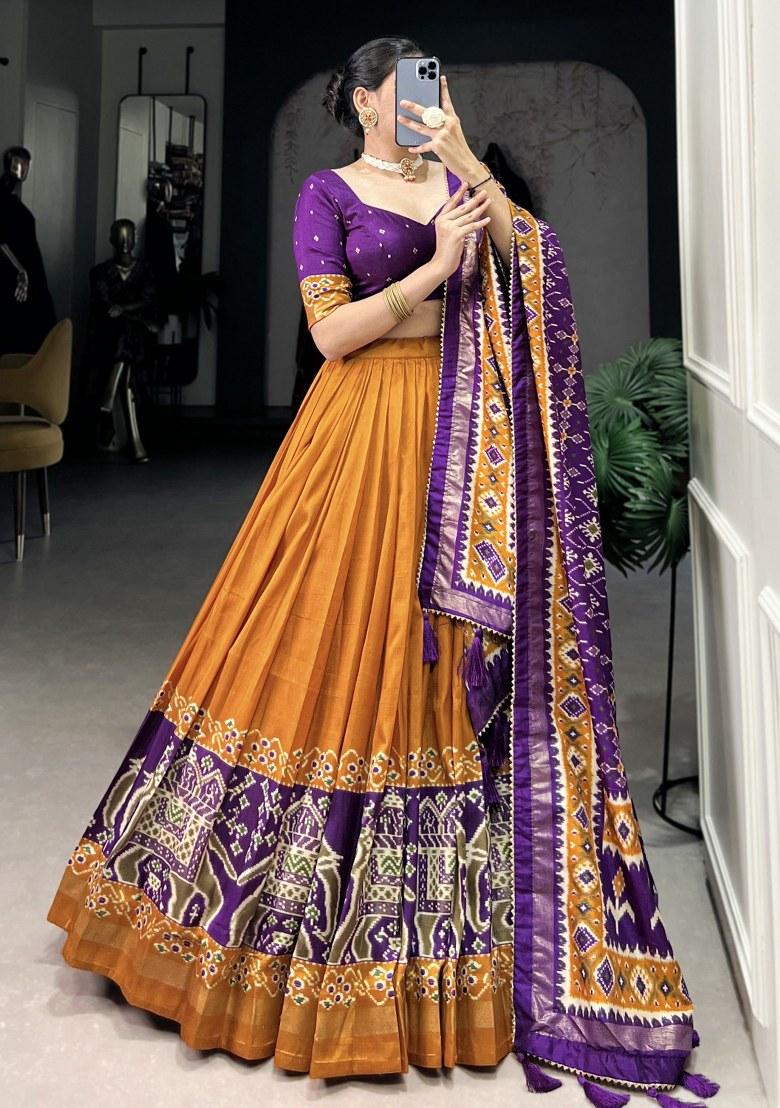 Orange Printed Silk Lehenga Set With Dupatta