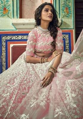 Peach Embroidered Net Lehenga Set With Dupatta