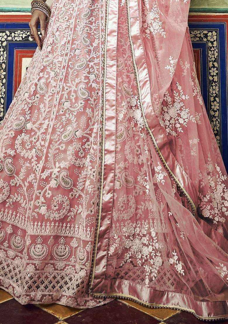 Peach With Dupatta Net Lehenga Set with Embroidered for Diwali | Wedding & Festive Wear - Indya