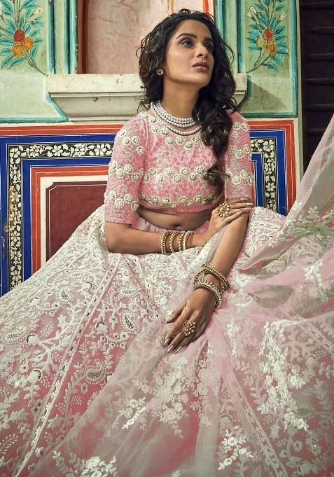 Peach Embroidered Net Lehenga Set With Dupatta