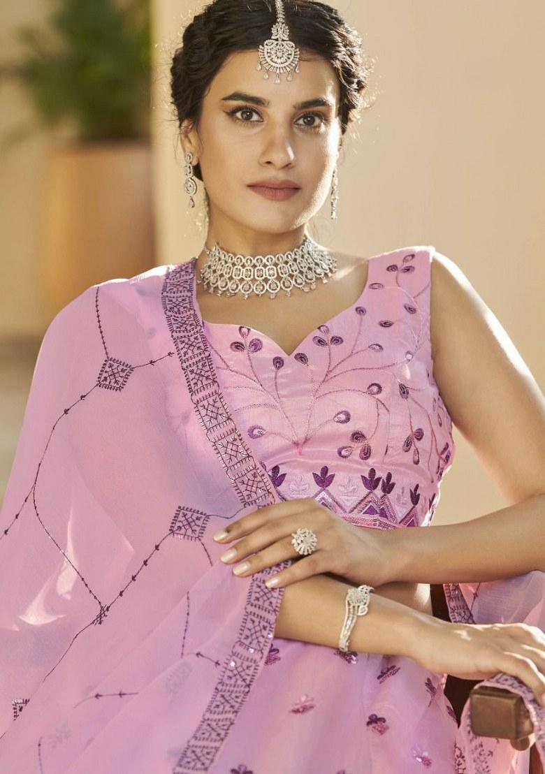 Pink Embroidered Art Silk Lehenga Set With Dupatta
