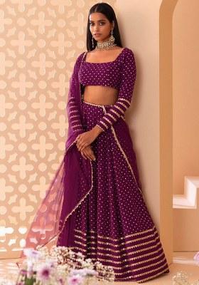 Purple Embroidered Georgette Lehenga Set With Dupatta