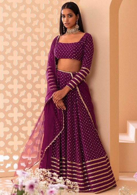 Purple Embroidered Georgette Lehenga Set With Dupatta