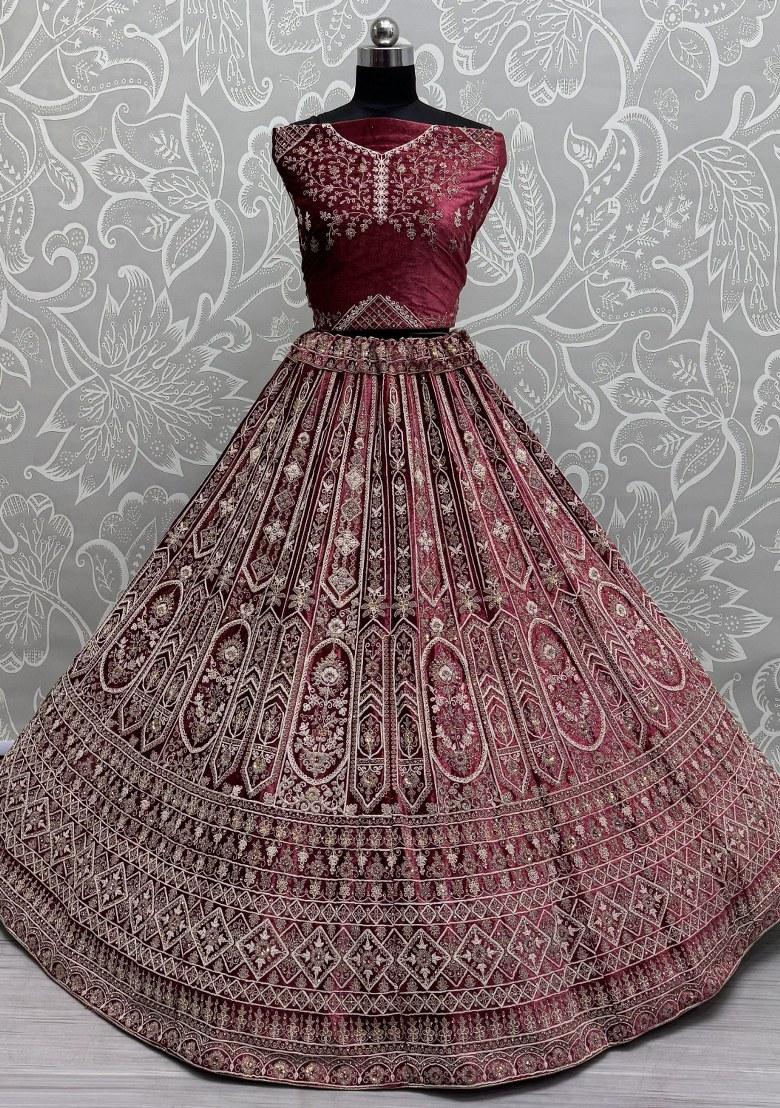 Red Embroidered Velvet Lehenga Set With Dupatta