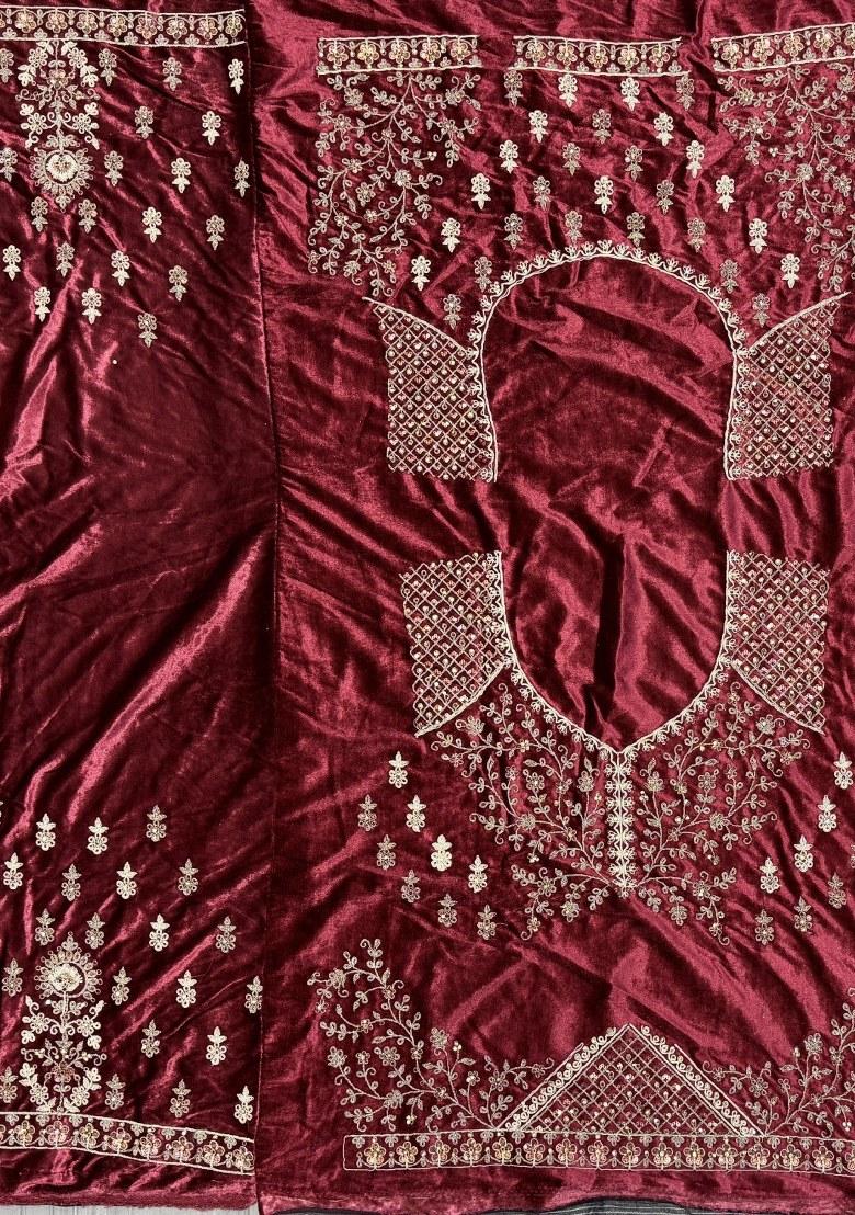 Red Embroidered Velvet Lehenga Set With Dupatta