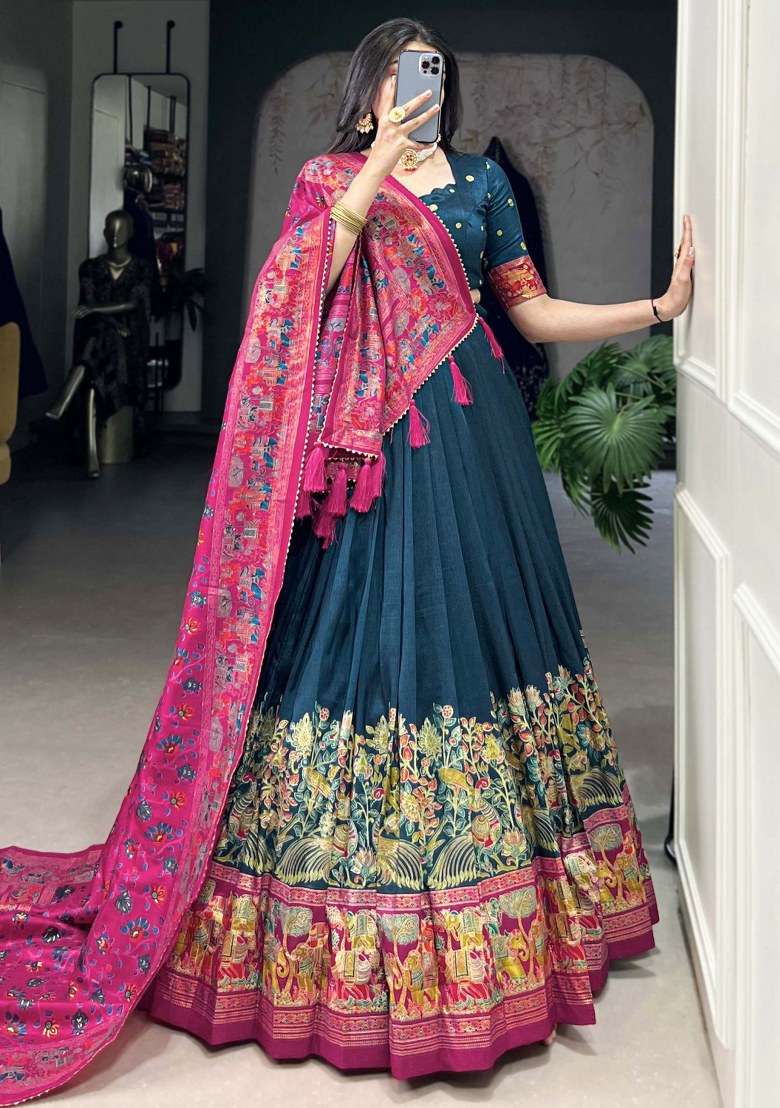 Blue Printed Silk Lehenga Set With Dupatta - Indya