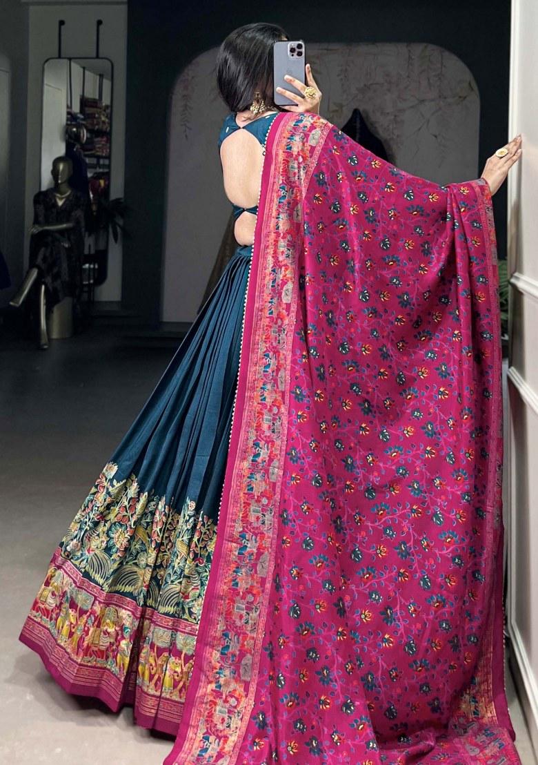 Blue Printed Silk Lehenga Set With Dupatta