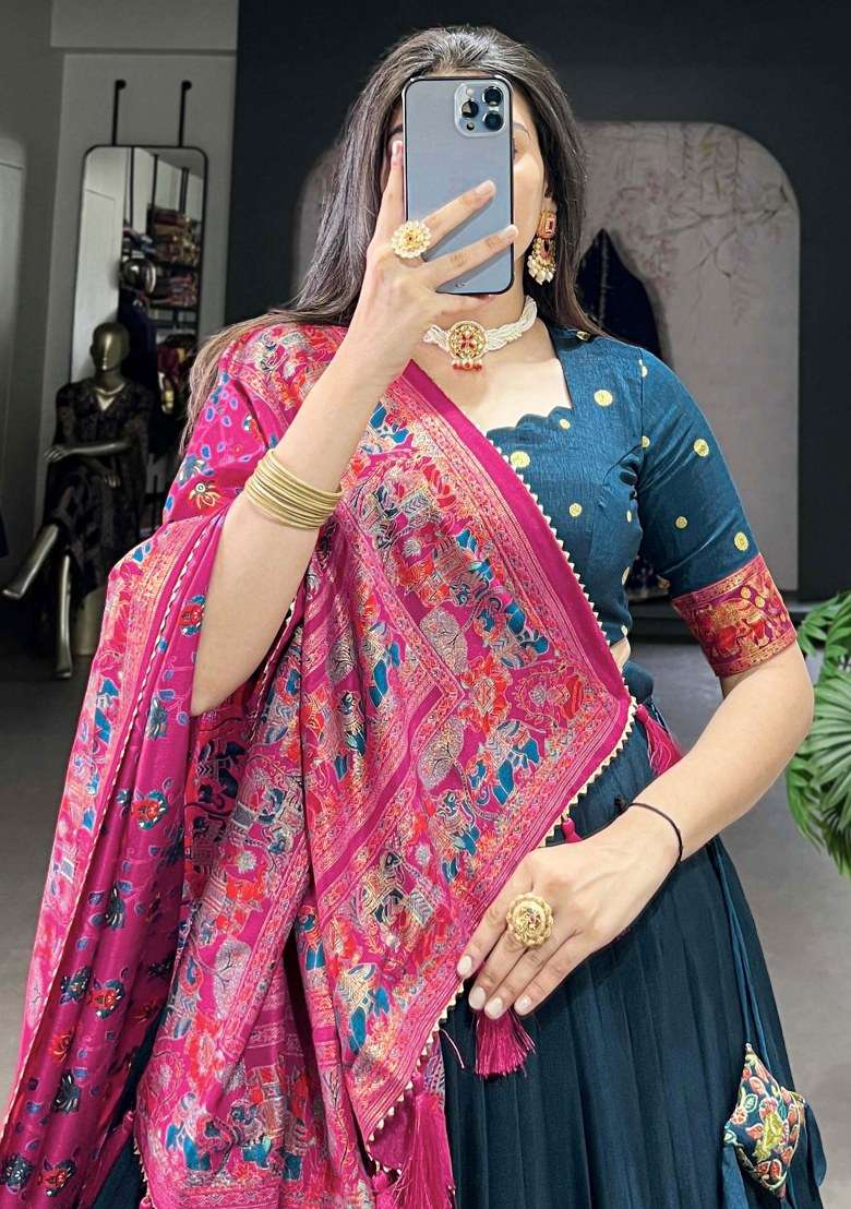 Blue Printed Silk Lehenga Set With Dupatta - Indya