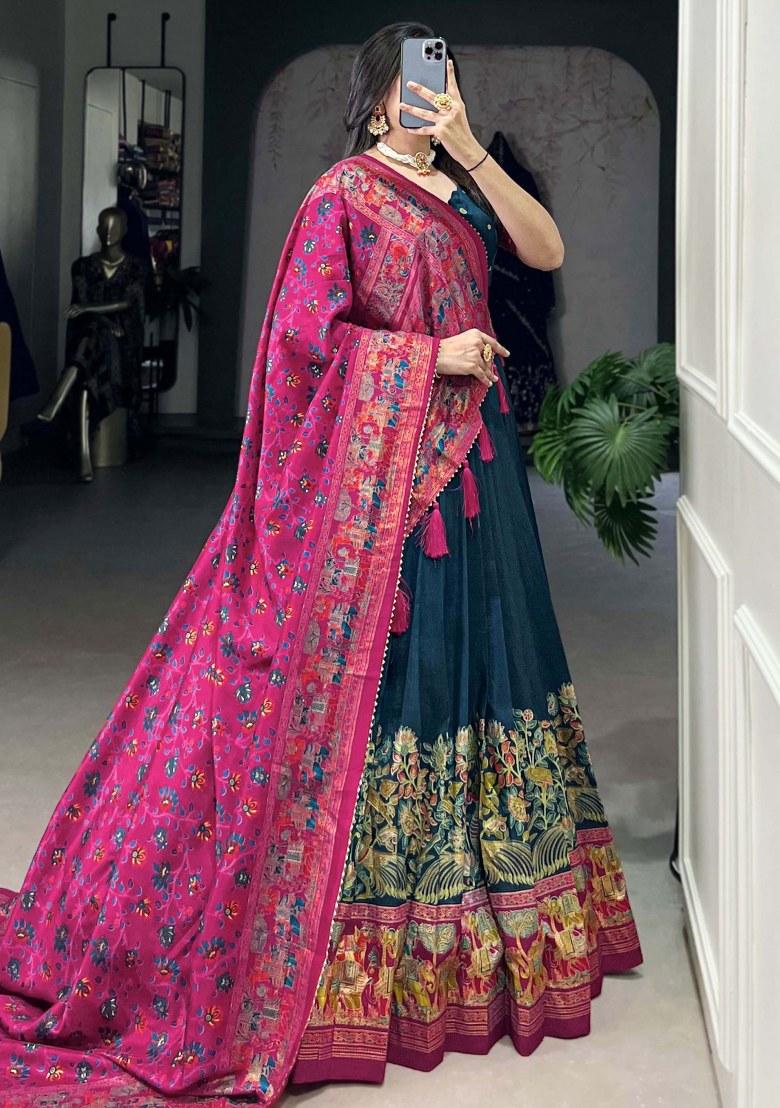 Blue Printed Silk Lehenga Set With Dupatta