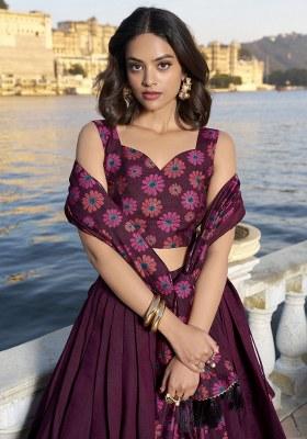 Purple Printed Silk Lehenga Set With Dupatta