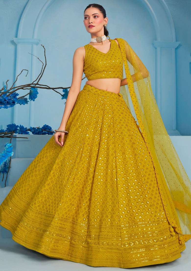 Yellow Embroidered Georgette Lehenga Set With Dupatta for Diwali and Festive Wear - Indya
