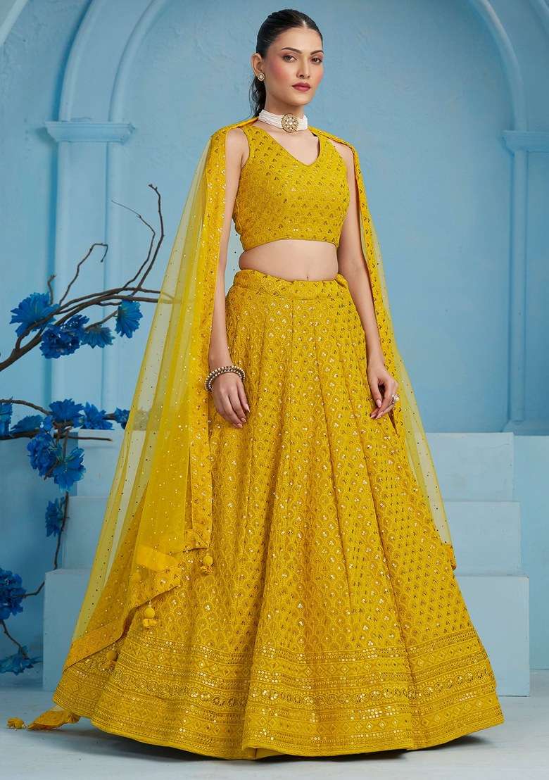 Yellow Embroidered Georgette Lehenga Set With Dupatta for Diwali and Festive Wear - Indya