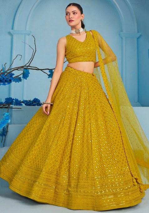 Yellow Embroidered Georgette Lehenga Set With Dupatta