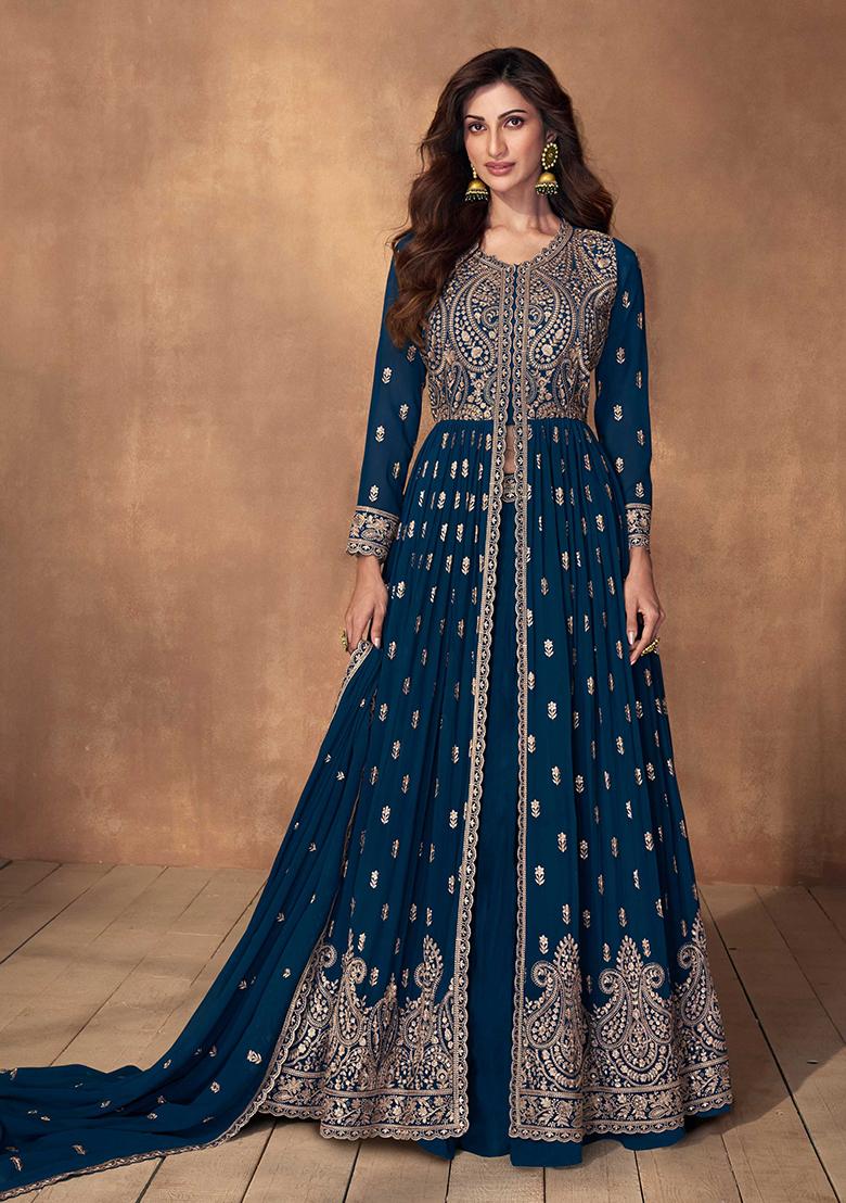 Blue Embroidered Georgette Lehenga Set