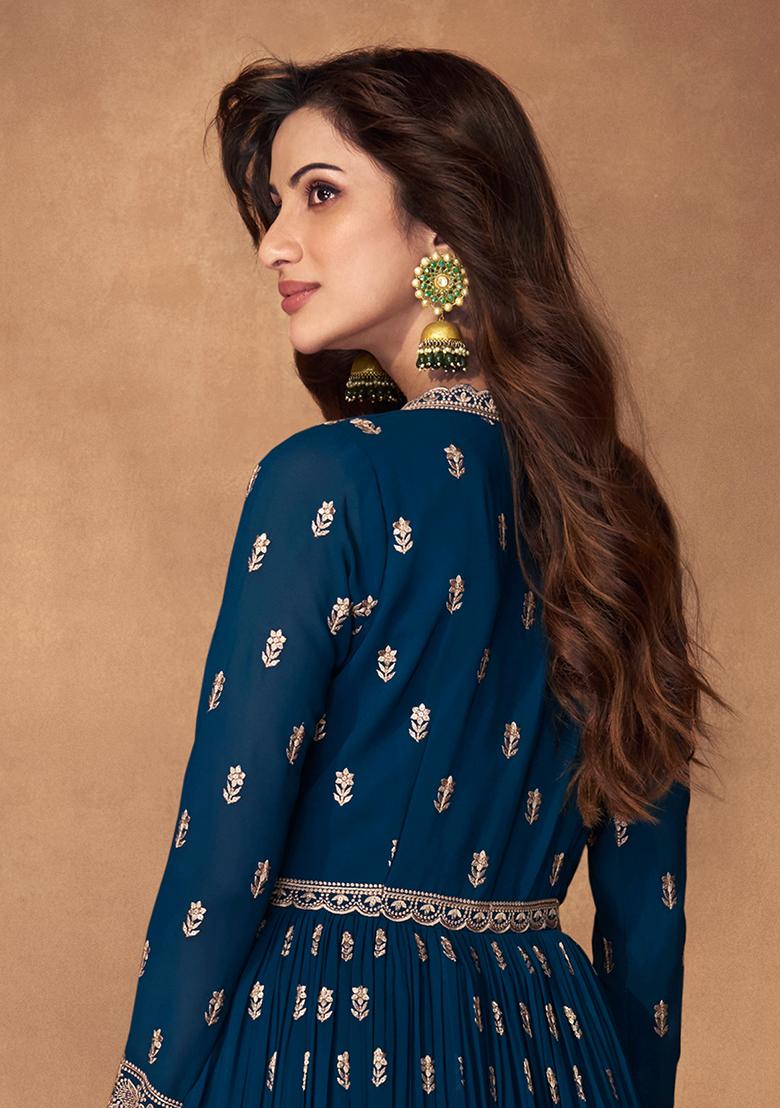 Blue Embroidered Georgette Lehenga Set