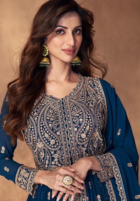 Blue Embroidered Georgette Lehenga Set