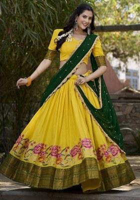 Yellow Embroidered Cotton Lehenga Set With Dupatta