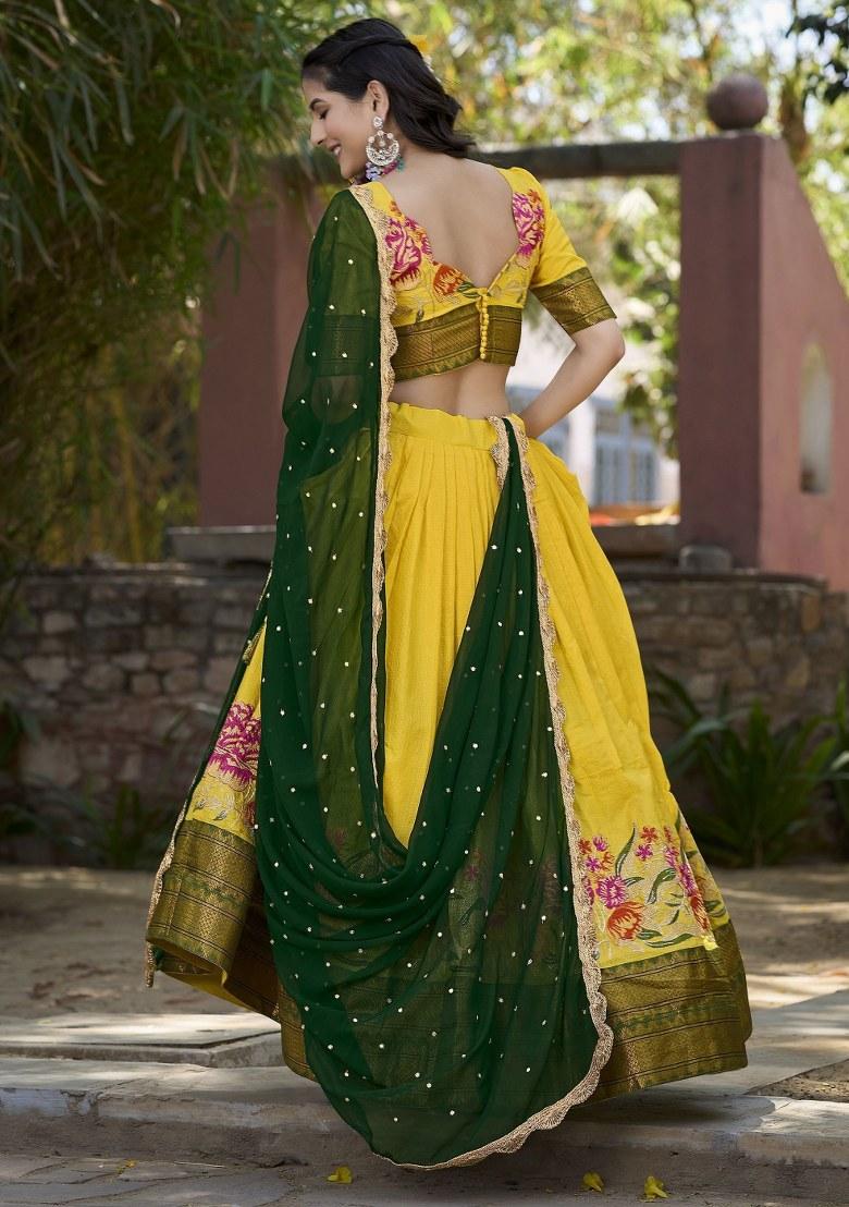 Yellow Embroidered Cotton Lehenga Set With Dupatta