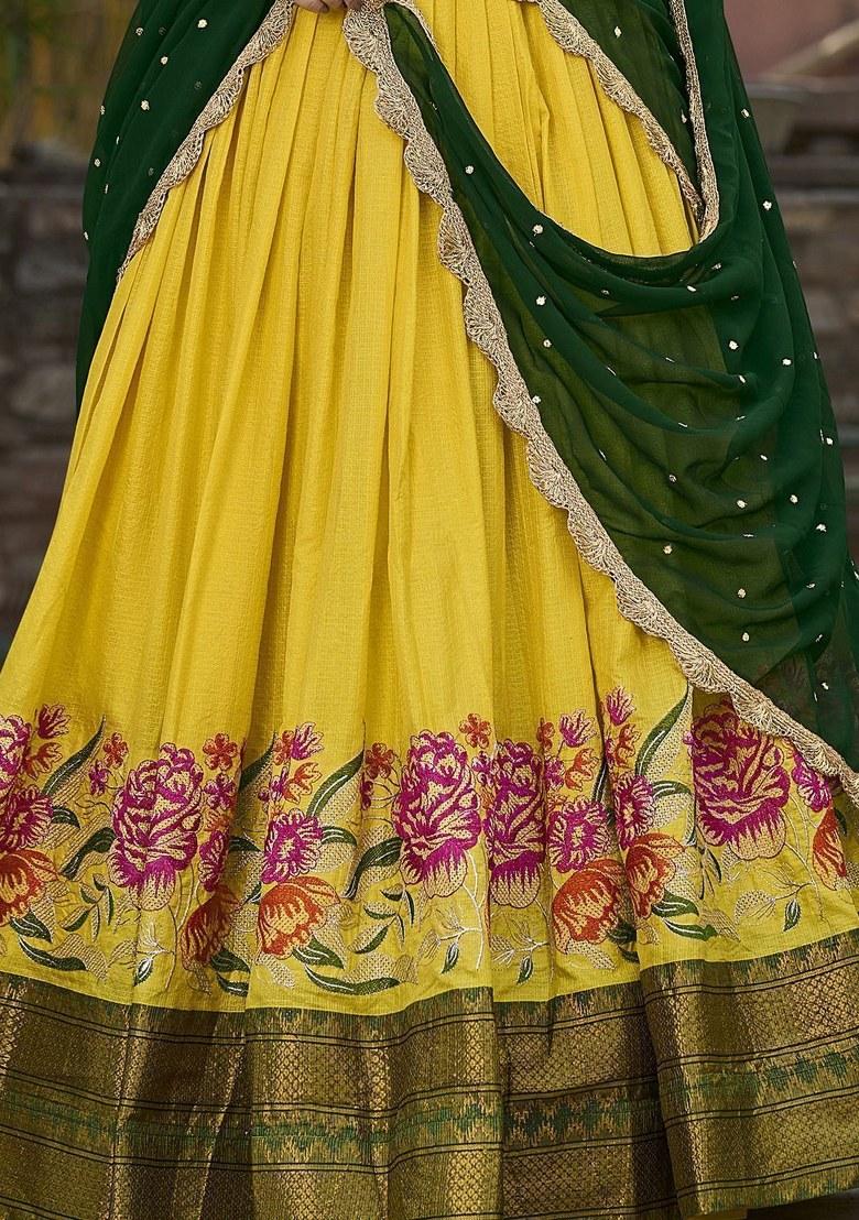 Yellow Embroidered Cotton Lehenga Set With Dupatta