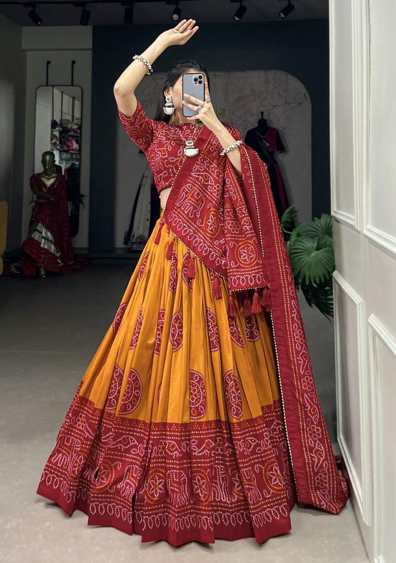 Yellow Printed Silk Lehenga Set With Dupatta