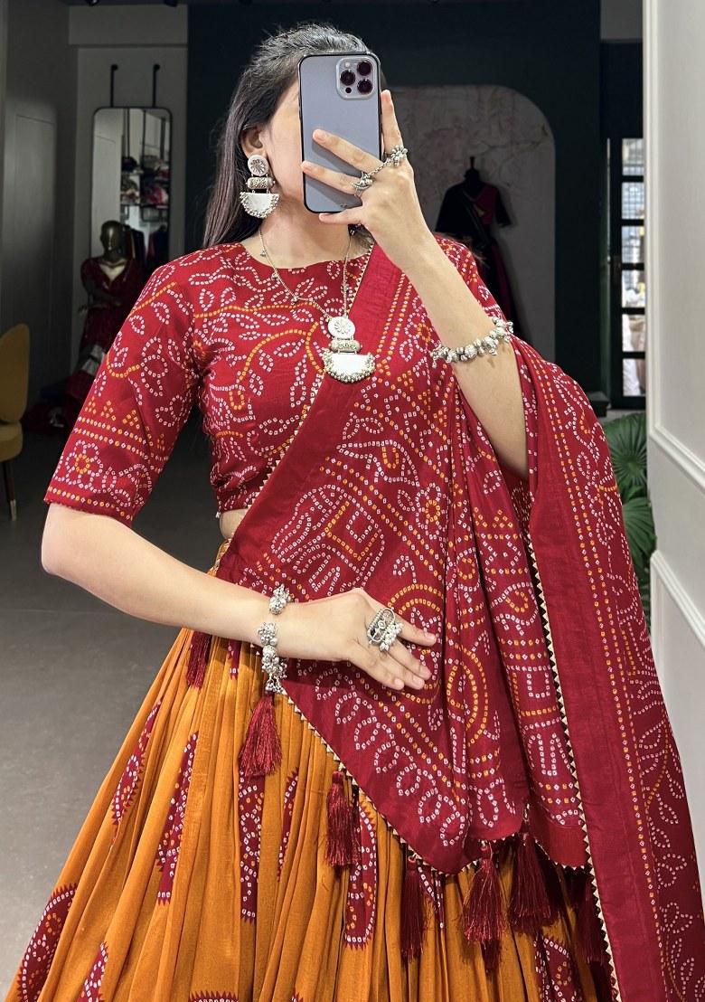 Yellow Printed Silk Lehenga Set With Dupatta