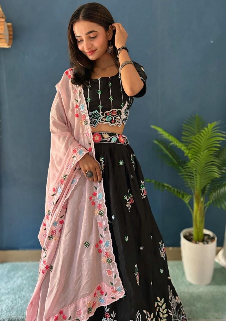 Black Embroidered Chiffon Lehenga Set With Dupatta