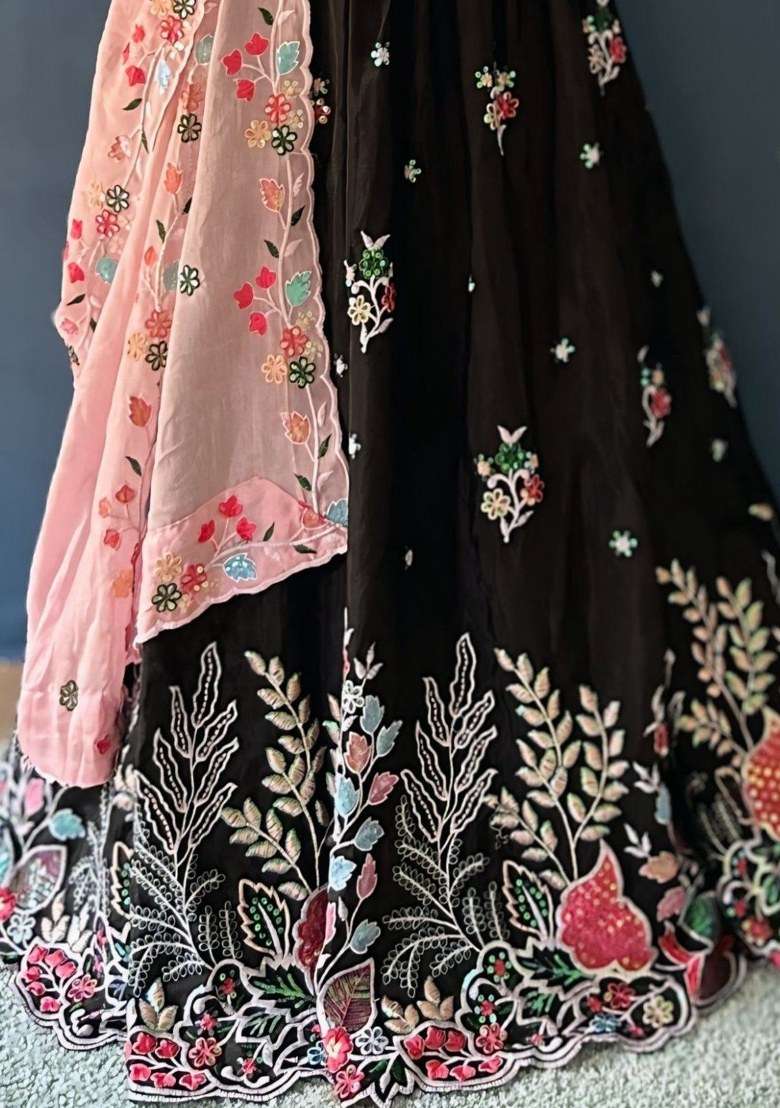 Black With Dupatta Chiffon Lehenga Set with Embroidered for Diwali | Wedding & Festive Wear - Indya
