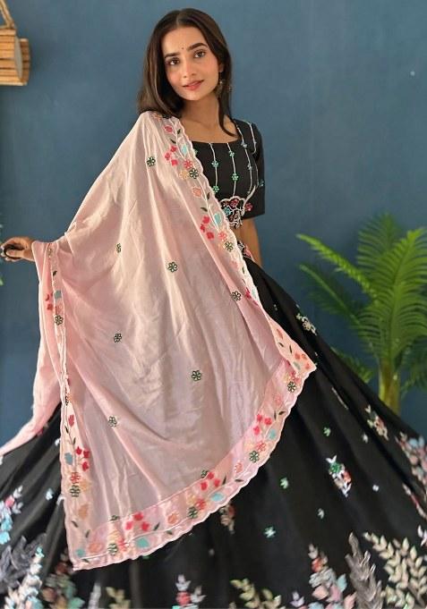 Black Embroidered Chiffon Lehenga Set With Dupatta — view on Indya