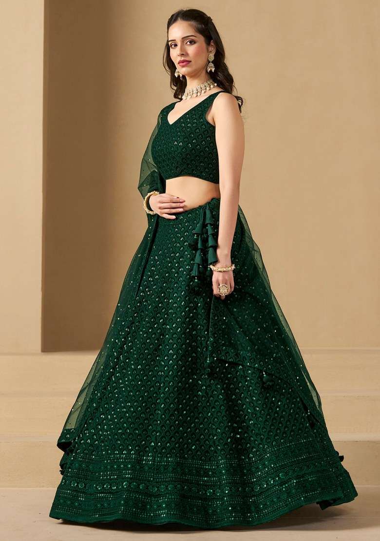 Green With Dupatta Georgette Lehenga Set with Embroidered for Diwali | Wedding & Festive Wear - Indya