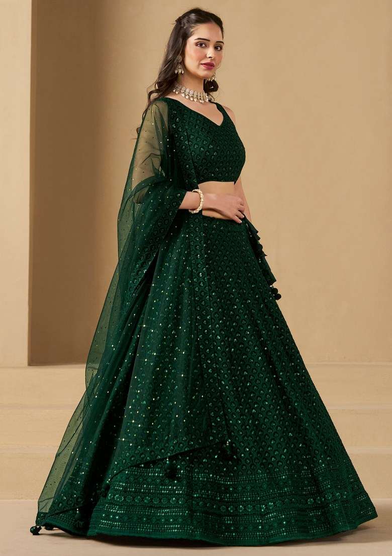 Green With Dupatta Georgette Lehenga Set with Embroidered for Diwali | Wedding & Festive Wear - Indya
