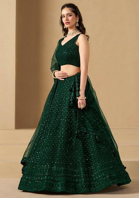 Green Embroidered Georgette Lehenga Set With Dupatta