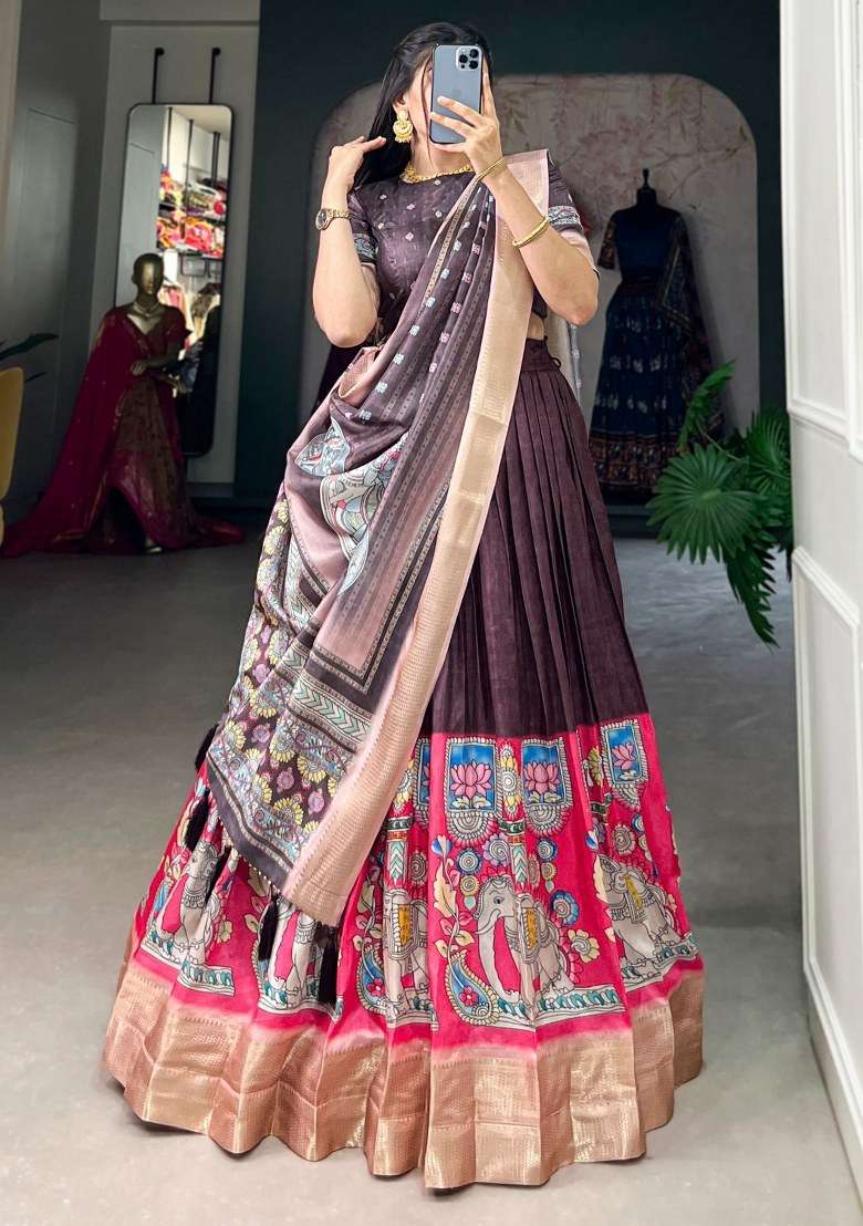 Brown Printed Silk Lehenga Set With Dupatta - Indya