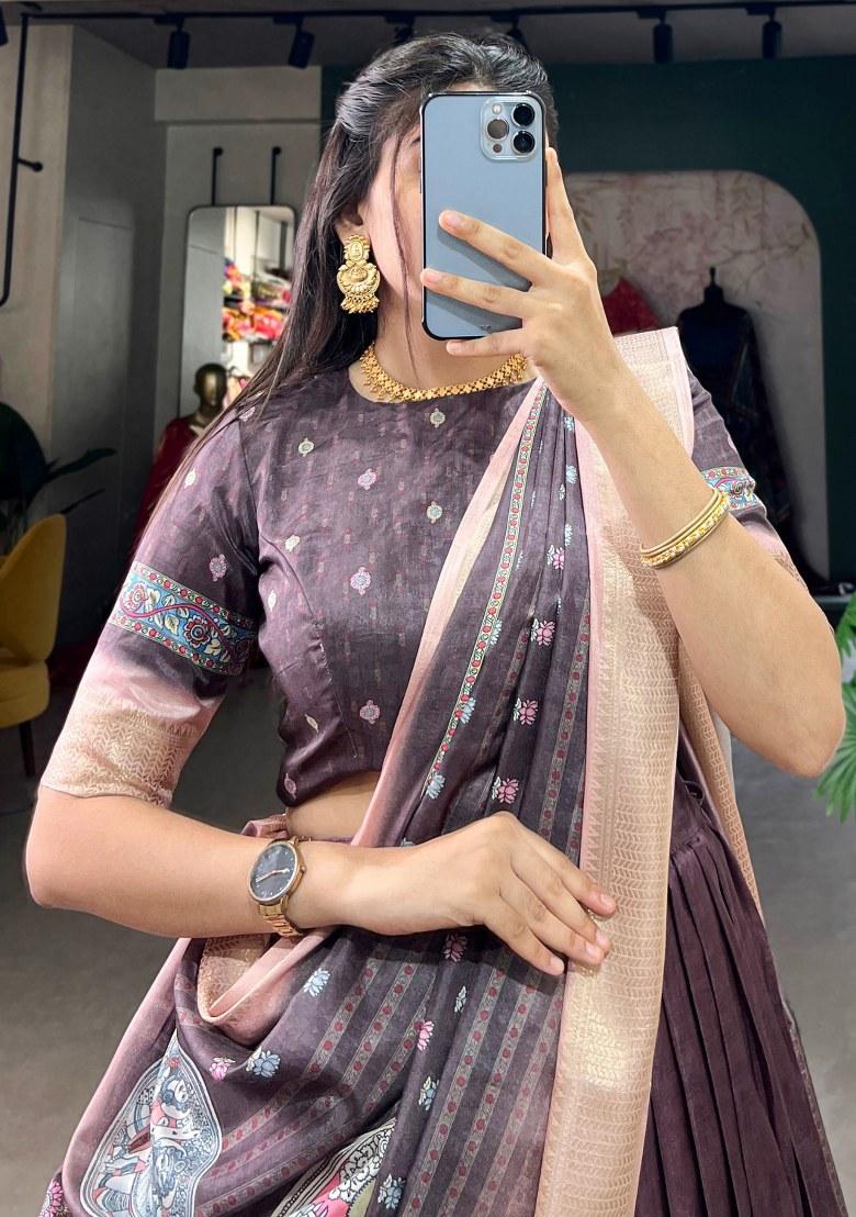 Brown Printed Silk Lehenga Set With Dupatta