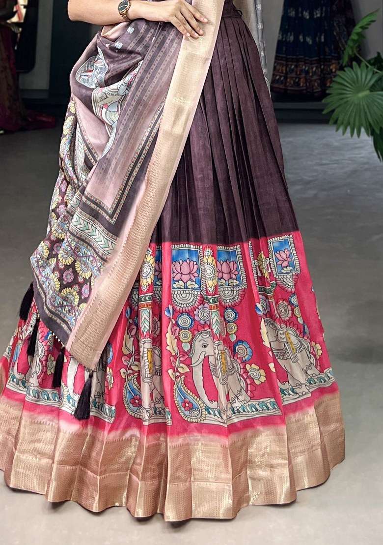 Brown Printed Silk Lehenga Set With Dupatta - Indya