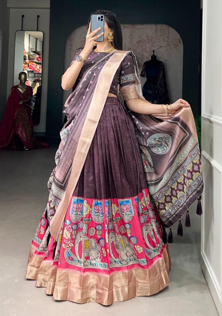 Brown Printed Silk Lehenga Set With Dupatta