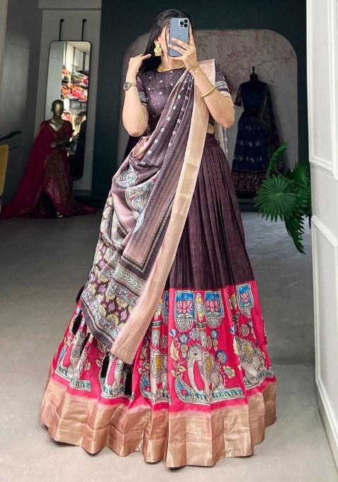 Brown Printed Silk Lehenga Set With Dupatta