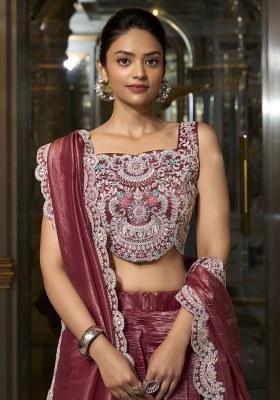 Purple Embroidered Organza Lehenga Set With Dupatta