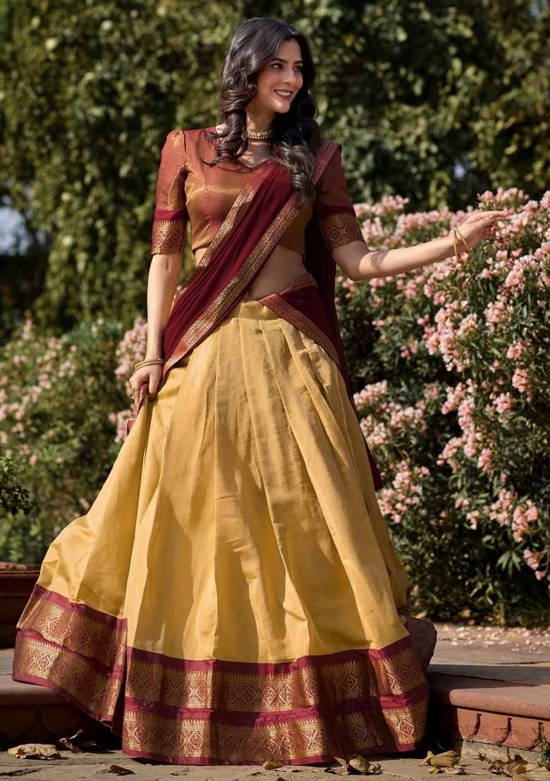 Cream Embroidered Silk Blend Lehenga Set With Dupatta for Diwali and Festive Wear - Indya