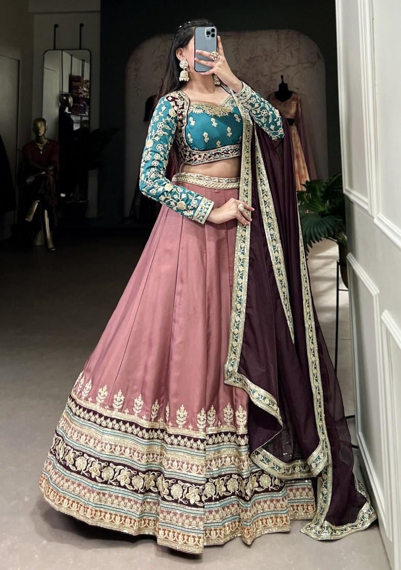 Pink Embroidered Silk Lehenga Set With Dupatta