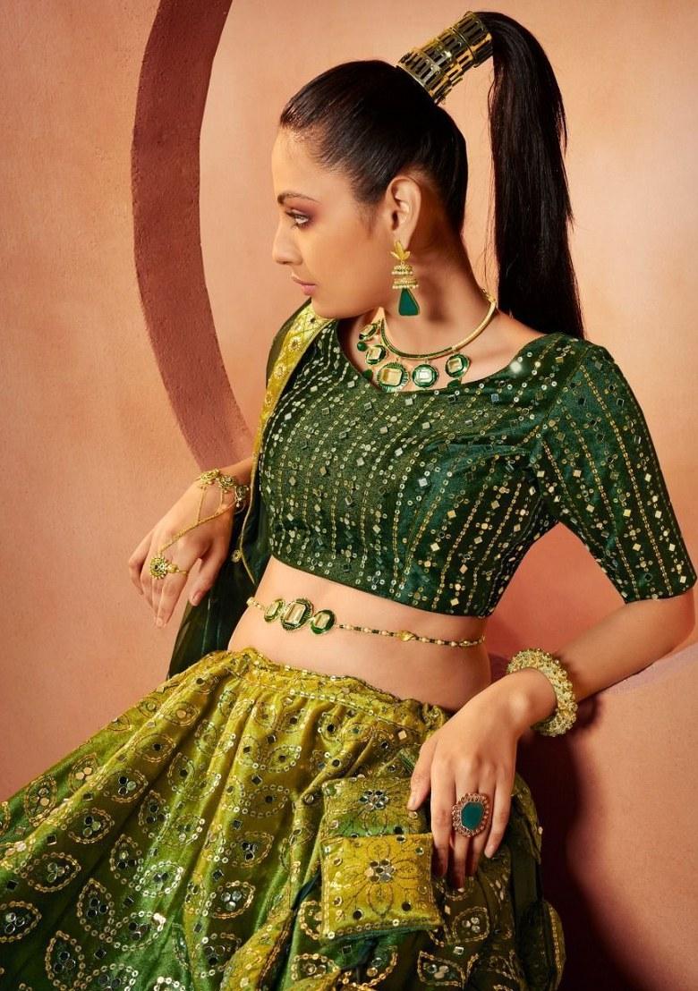 Green Embroidered Velvet Lehenga Set With Dupatta