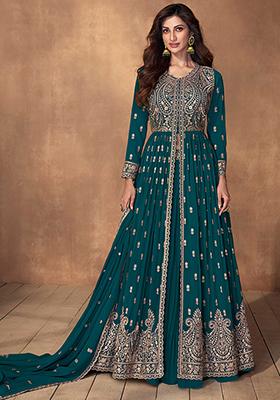 Teal Blue Embroidered Georgette Lehenga Set