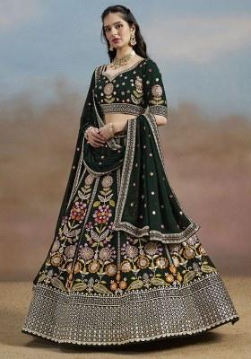 Green Embroidered Georgette Lehenga Set With Dupatta