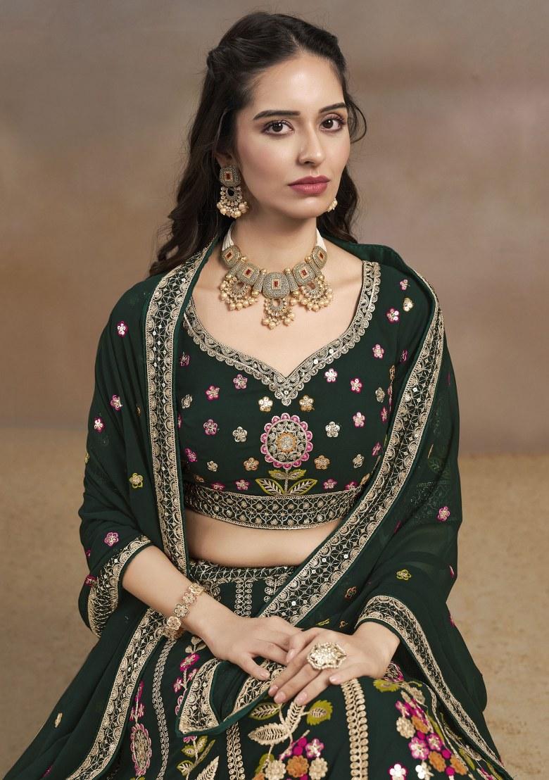 Green Embroidered Georgette Lehenga Set With Dupatta