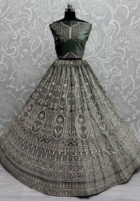 Green Embroidered Velvet Lehenga Set With Dupatta