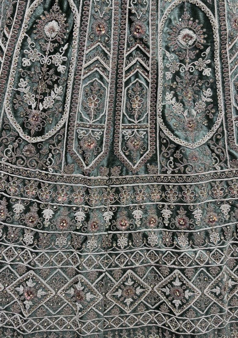 Green Embroidered Velvet Lehenga Set With Dupatta