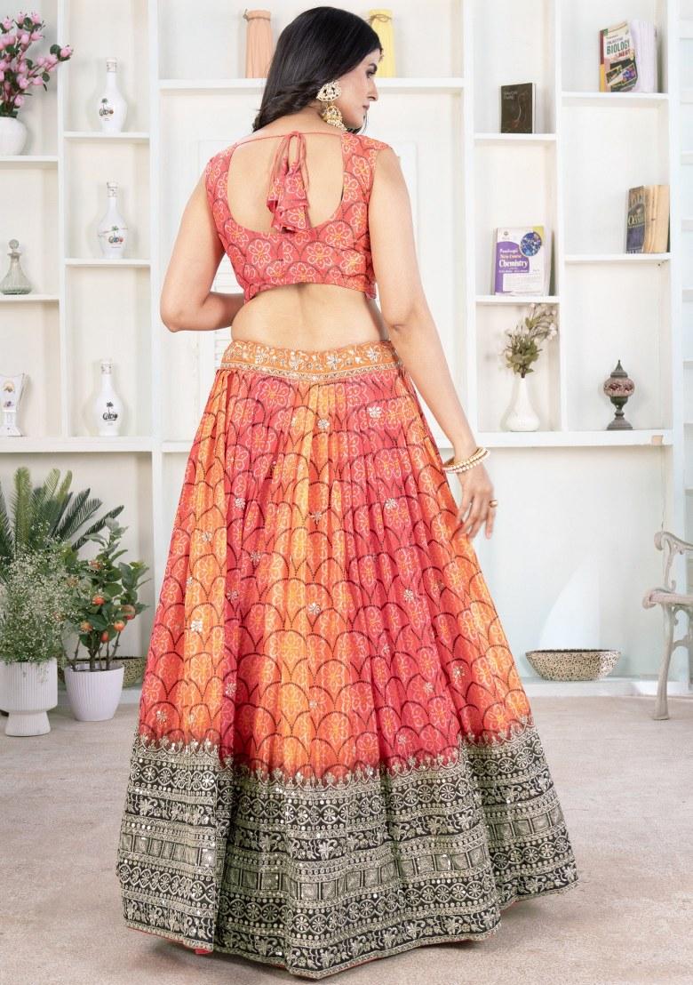 Multicolor Printed Chiffon Lehenga Set With Dupatta