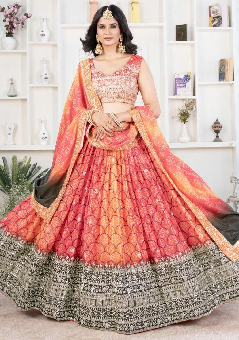Multicolor Printed Chiffon Lehenga Set With Dupatta