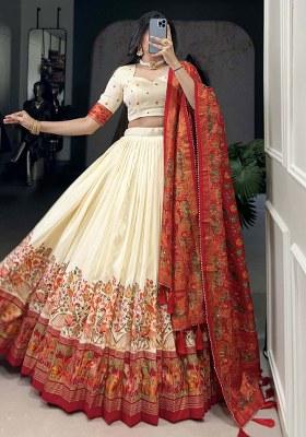 Off White Printed Silk Lehenga Set With Dupatta