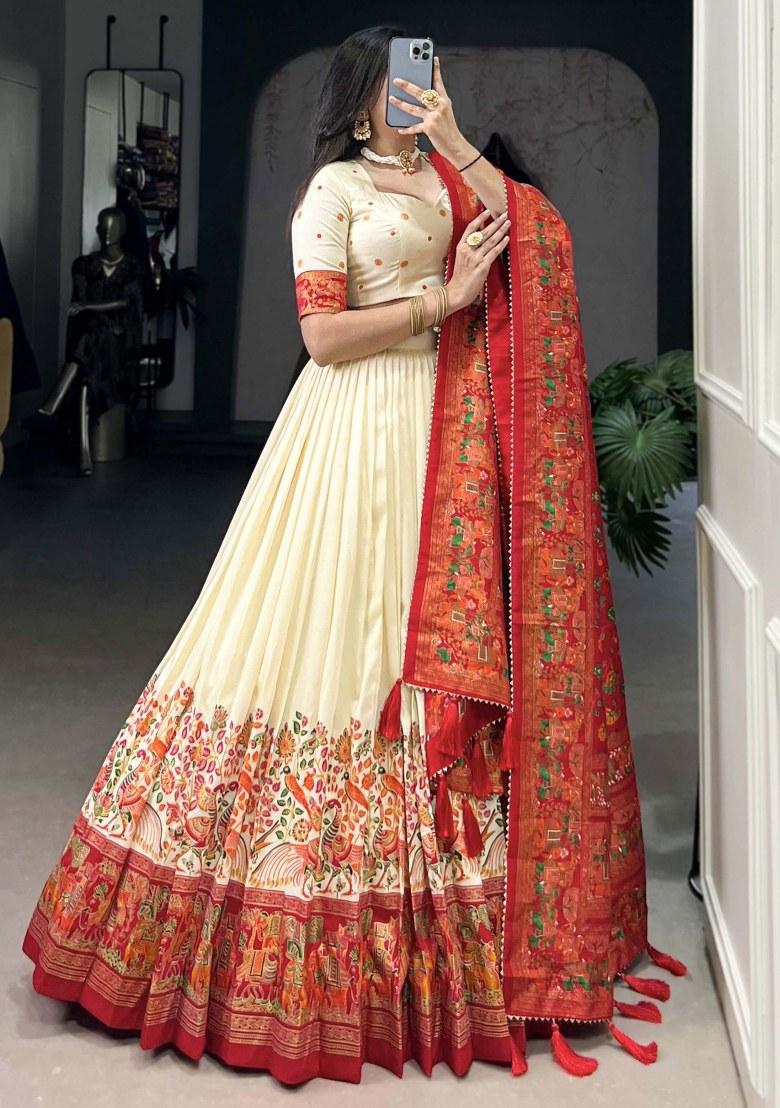 Off White Printed Silk Lehenga Set With Dupatta
