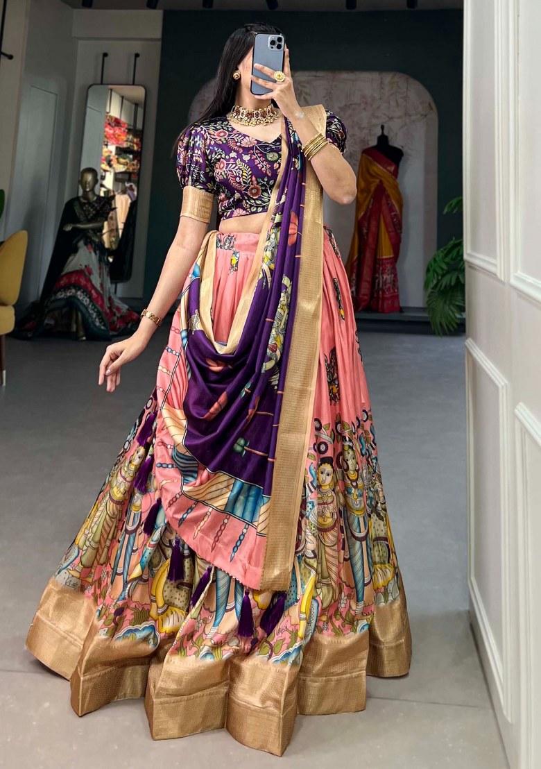 Peach Printed Silk Lehenga Set With Dupatta